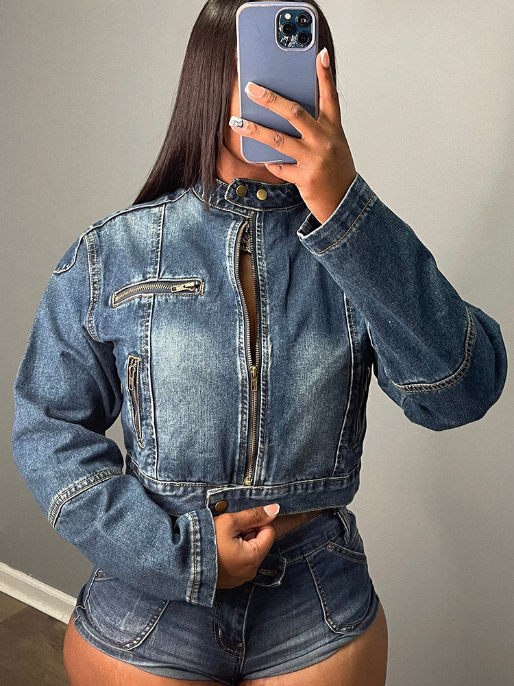 Denim Crop Jacket & Shorts Set