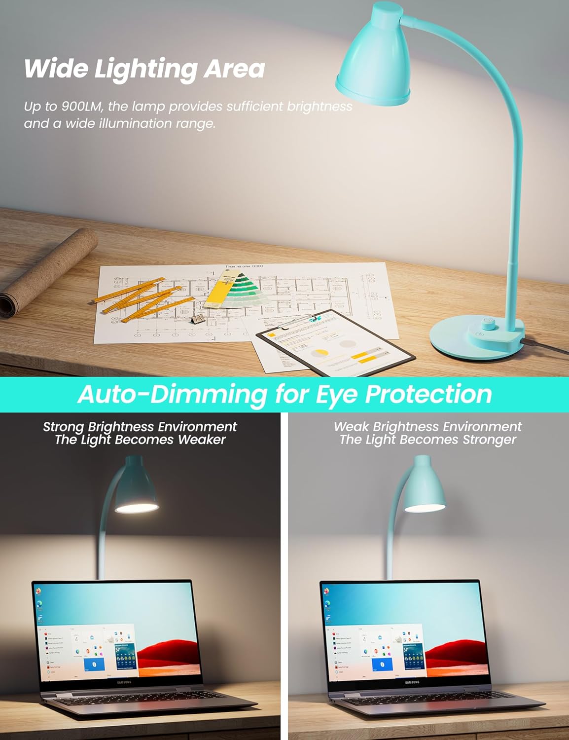BOHON LED Desk Lamp with USB Charging Port 3 Color Modes Dimmable Reading Light Intelligent Induction Auto Dimming Task Lamp Flexible Gooseneck Table Lamp for Bedside Office, AC Adapter Include