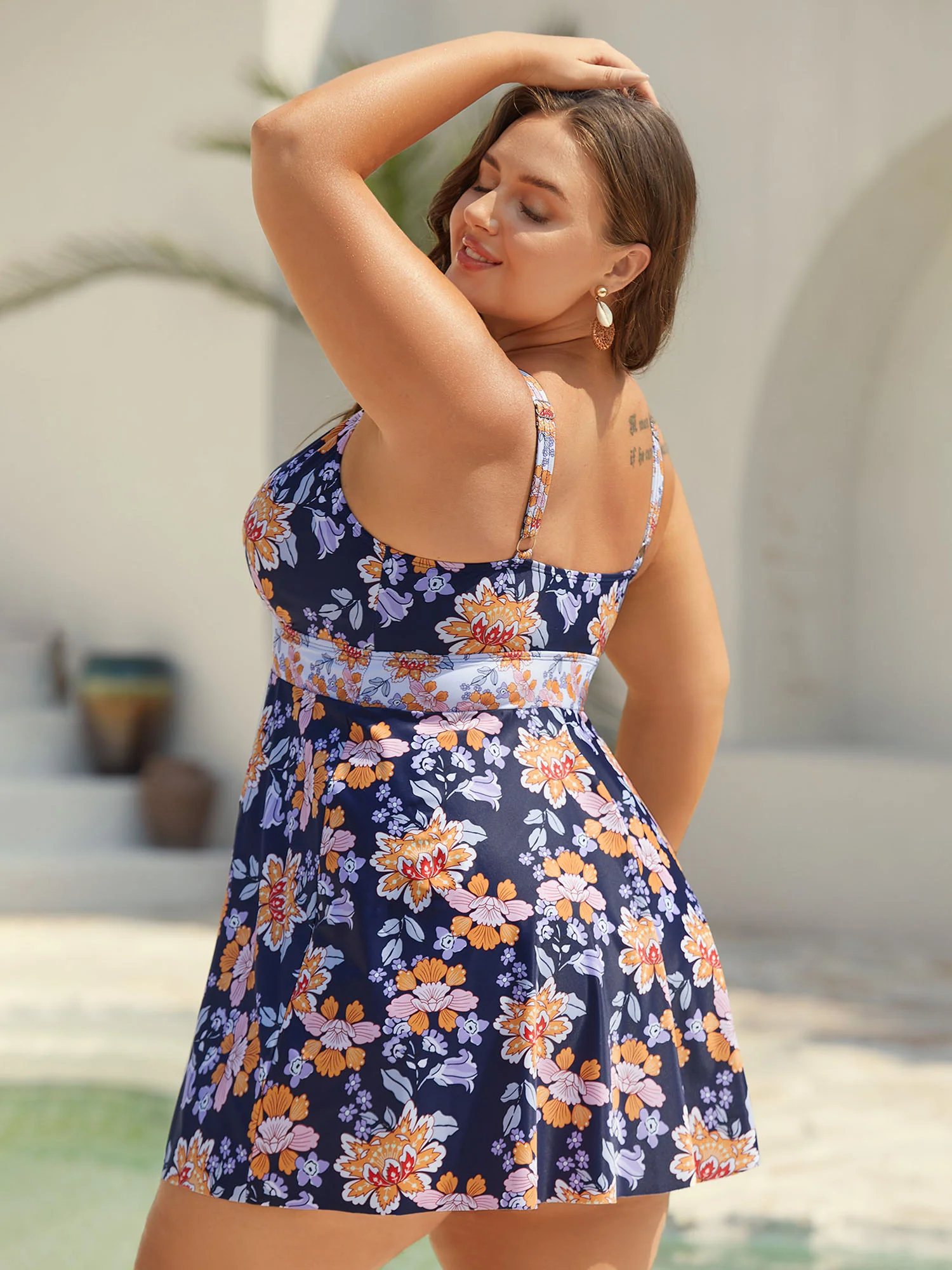 Floral Print Surplice Neck Swim Dress