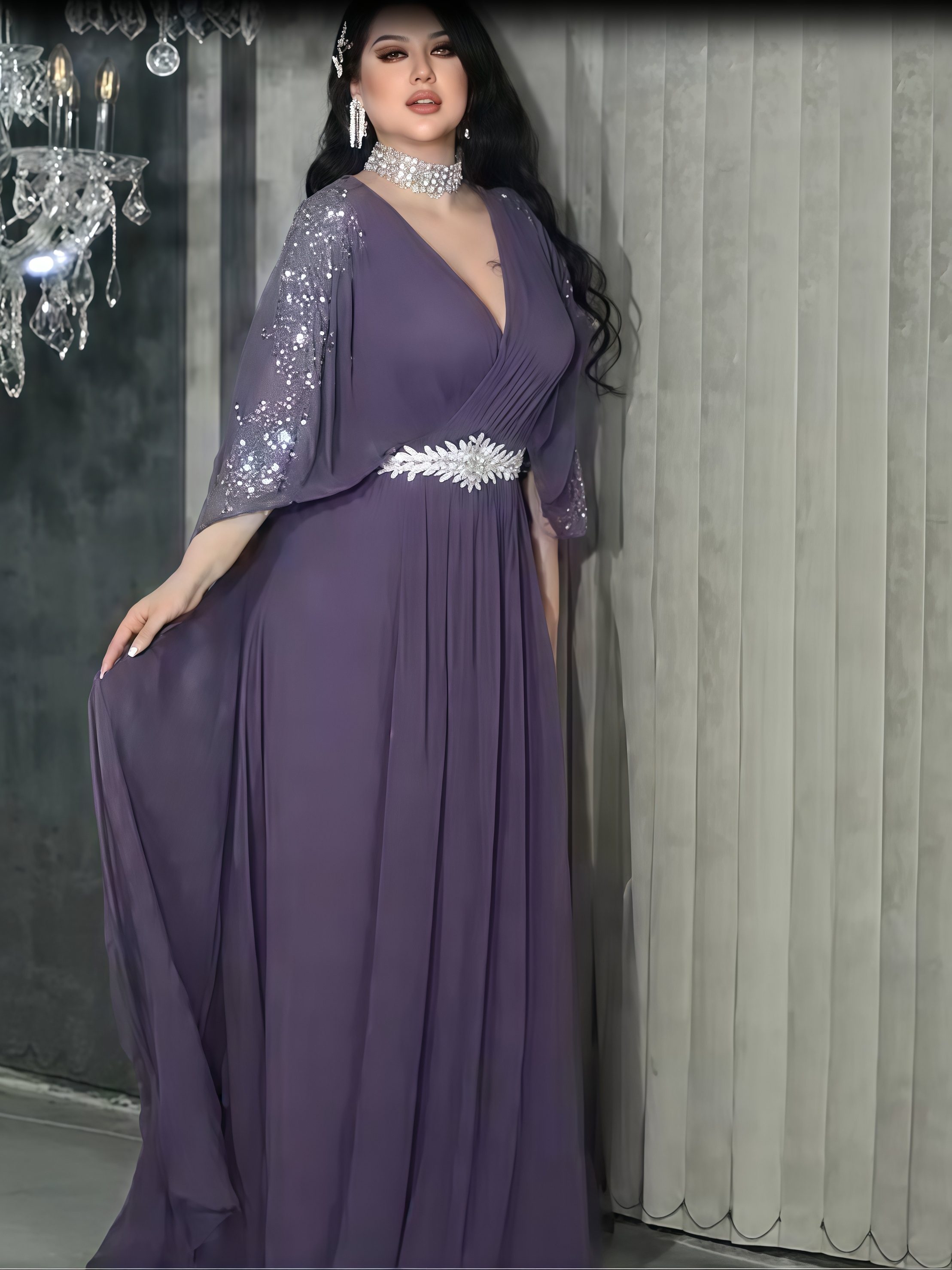 V-neck Sparkling Waist Seal Diamond Queen Style Dress