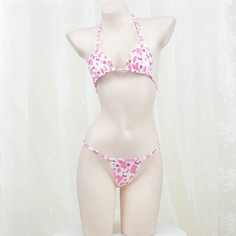 Cosplay Cow Strawberry Letter Print Bikini Uniform Lingerie Set
