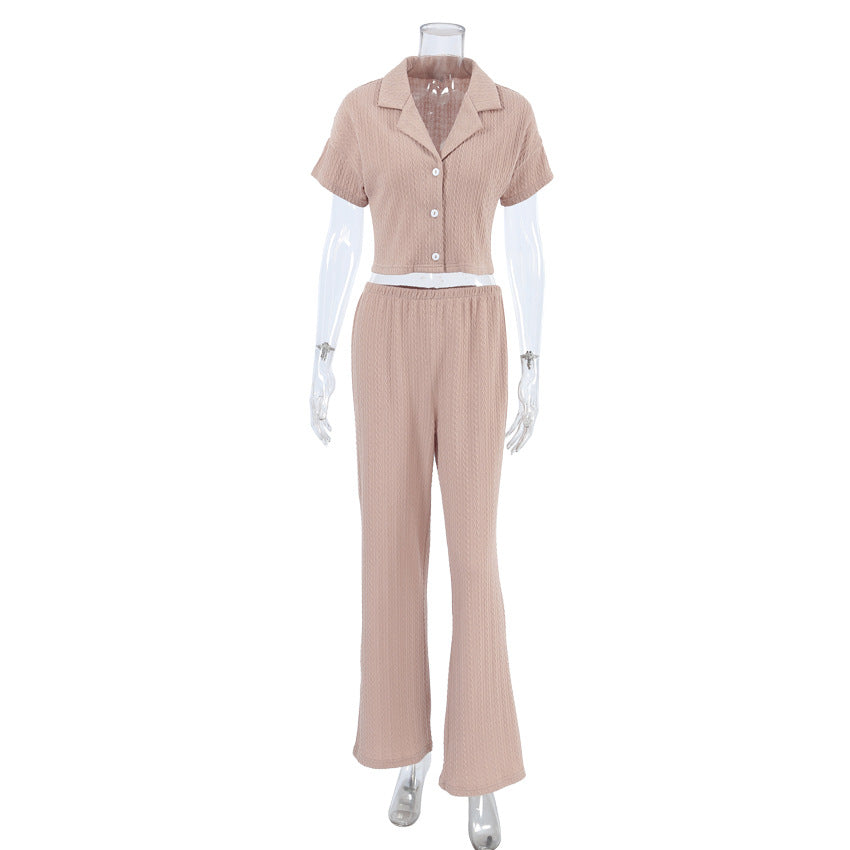 Spring Summer Pajamas Suit Fashionable Knitted Short Sleeved Trousers Hollow Out Cutout Home Wear Women Comfortable