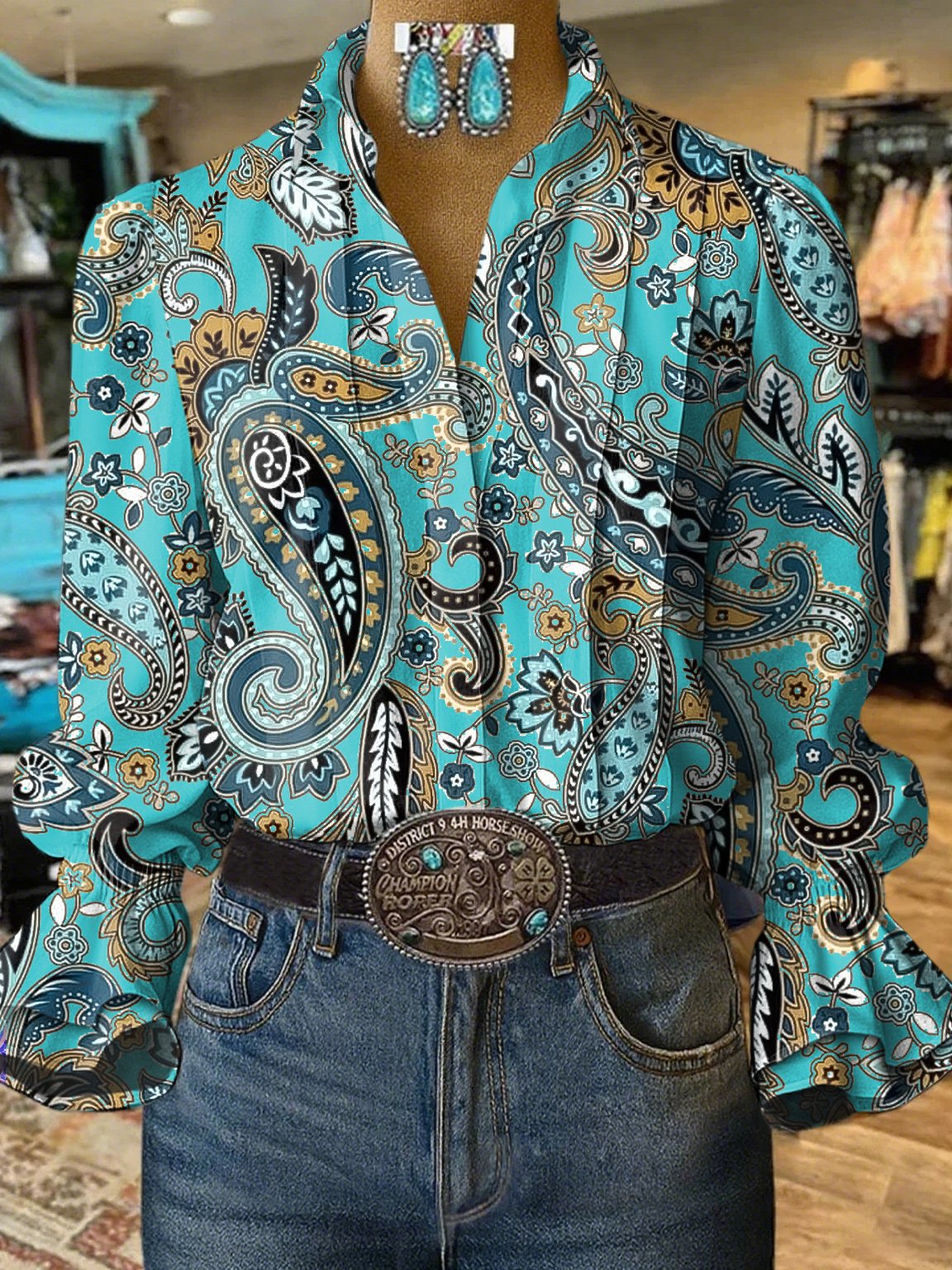 Women's Casual Western Puff Sleeve Patterned Shirt