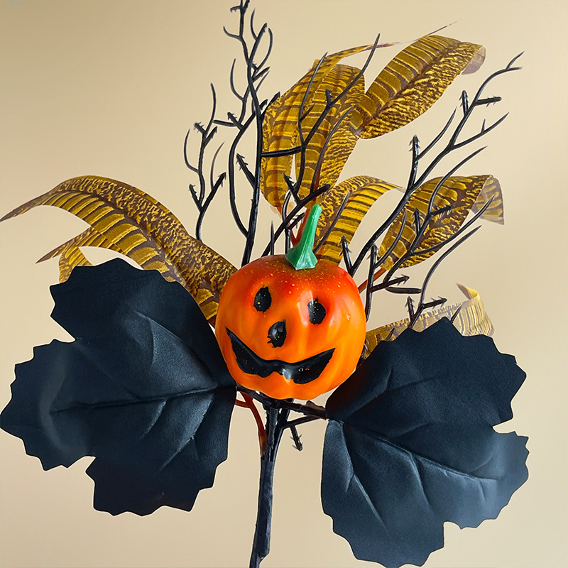 🏆Flash Sale⚡Artificial Fall Flowers-Halloween Pumpkin Bunch with Black Maple Leaves,Rose,Feathers- UV resistant, Waterproof, Windproof