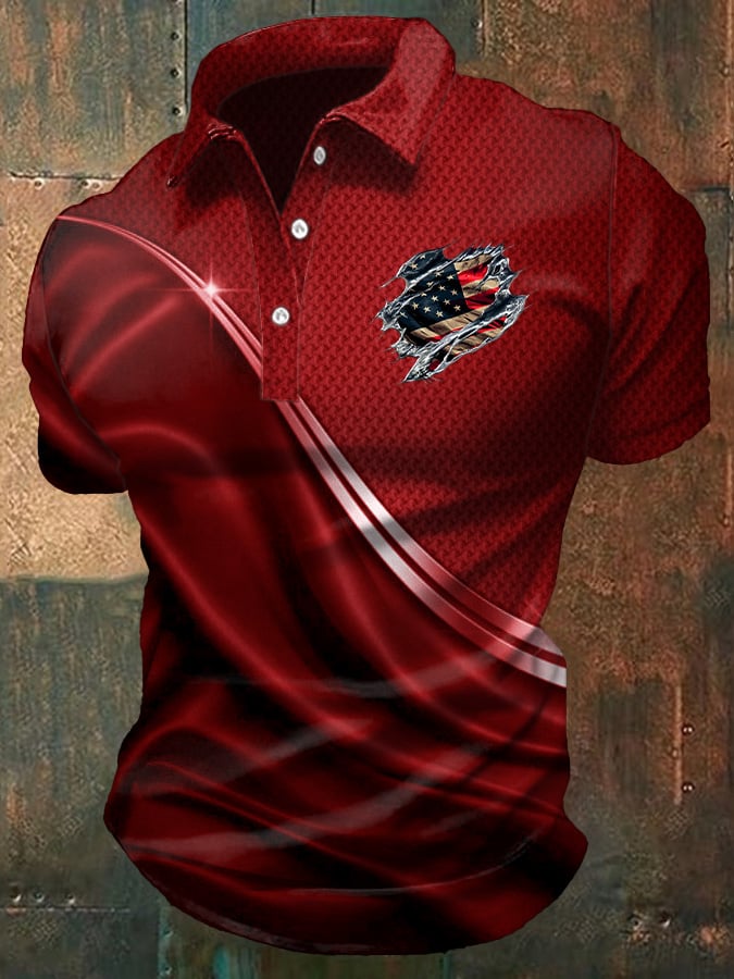 Men's Casual Independence Day Flag Print Polo Shirt