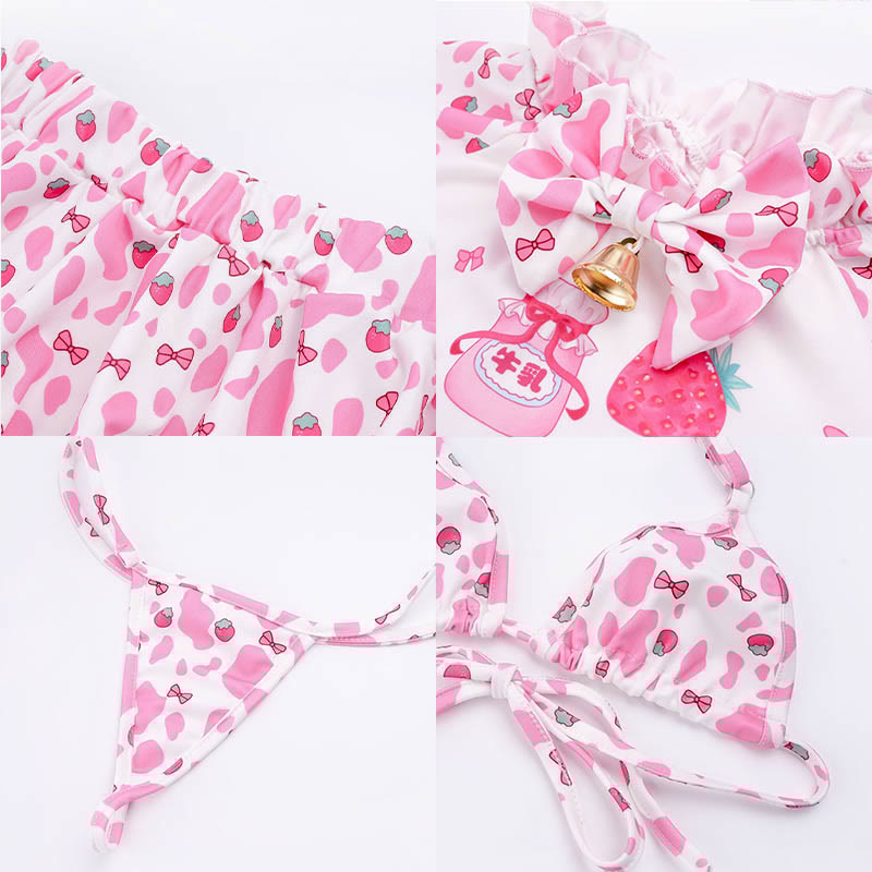 Cosplay Cow Strawberry Letter Print Bikini Uniform Lingerie Set