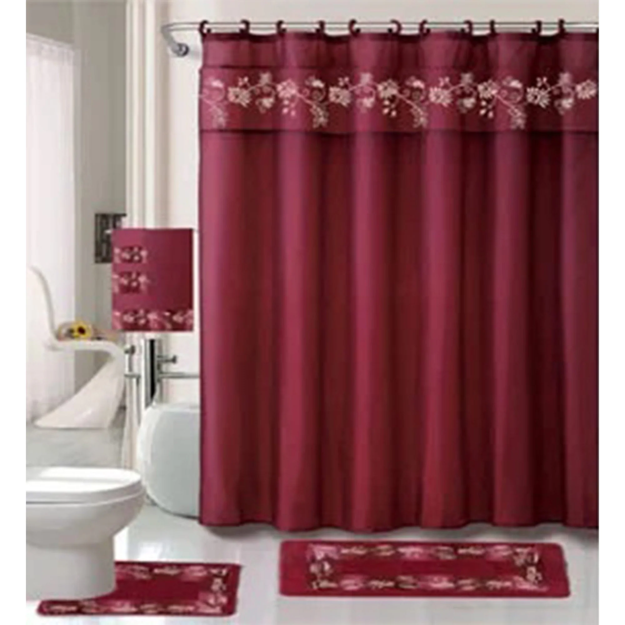 All For You 18 Piece Embroidered Non-Slip Bath Rug, Shower Curtain and Towel Set