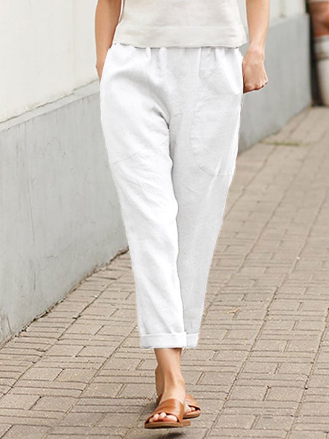 Cotton Linen Pocket Pure Casual Pants