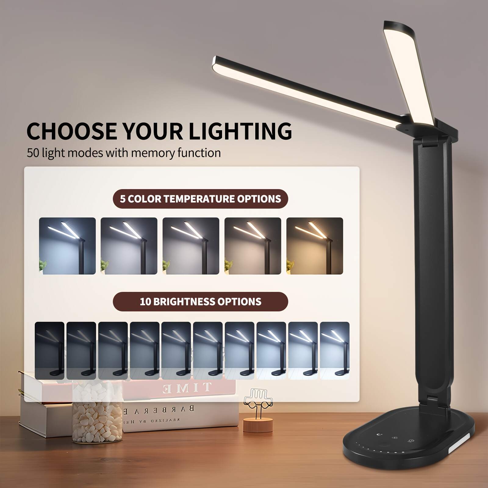 2pcs Adjustable & Foldable LED Desk Lamps with Dual Arms, Touch Control, Eye-Care Technology, USB-Powered, White/Black - Ideal for Home Office, Study, Crafting, Study Desk Lamp | Sleek Design | Versatile Positioning