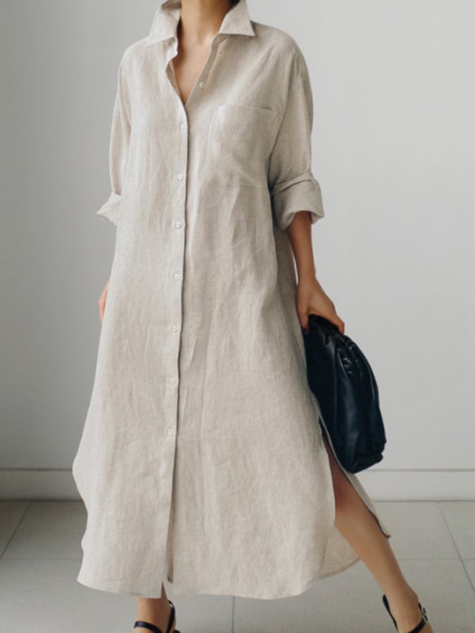 Women's Solid Color Single-Breasted Mid-Length Loose Cotton And Linen Casual Dress