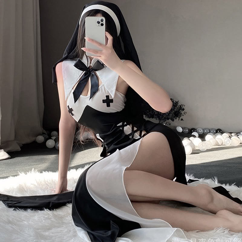 Nun Cross Slit Lingerie Dress Set