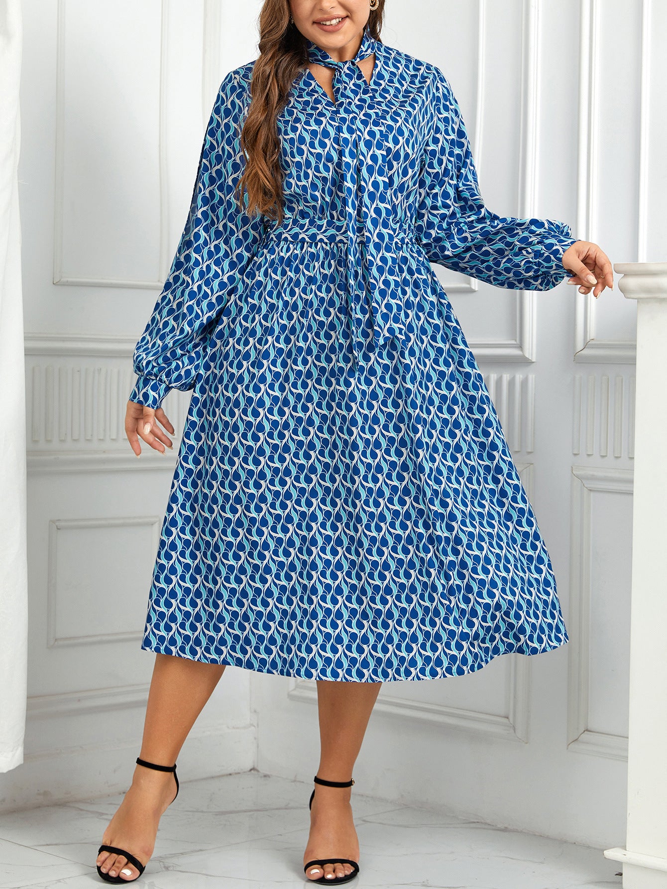 European and American High-Waisted Printed Long Puff Sleeve Dress