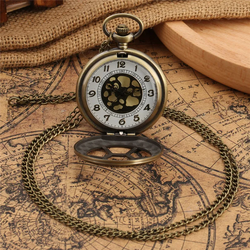 Antique Pocket Watch Half Hunter Retro Hollow Hexagon Grilles Men Women Quartz Analog Clock Sweater Chain Arabic Number Clock