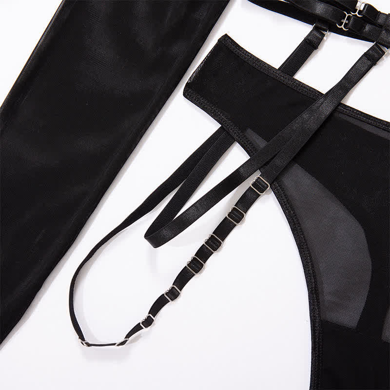 Sexy Hollow Out Mesh Long Sleeve Bondage Tops Set