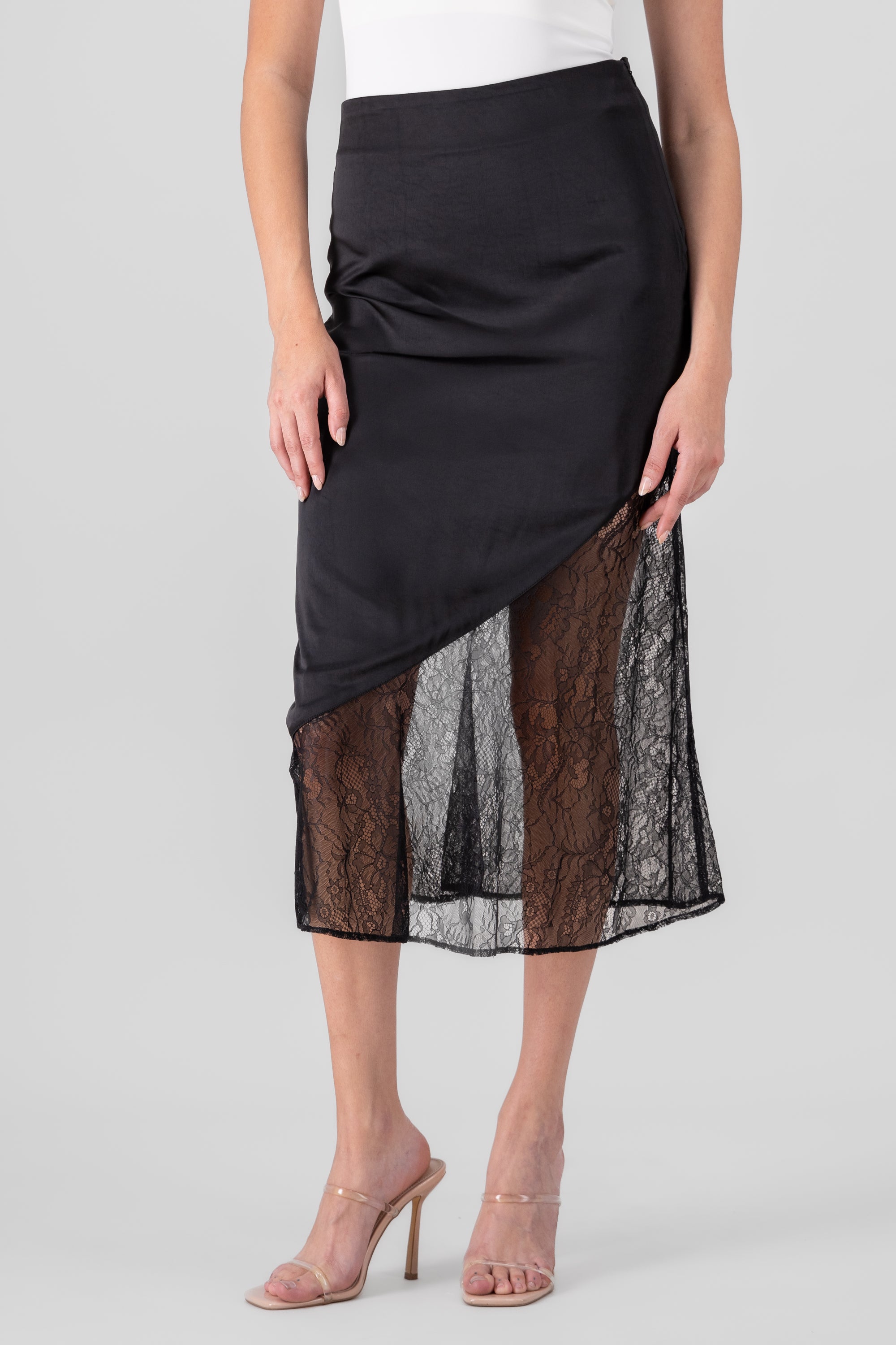 Midi Satin Skirt With Lace
