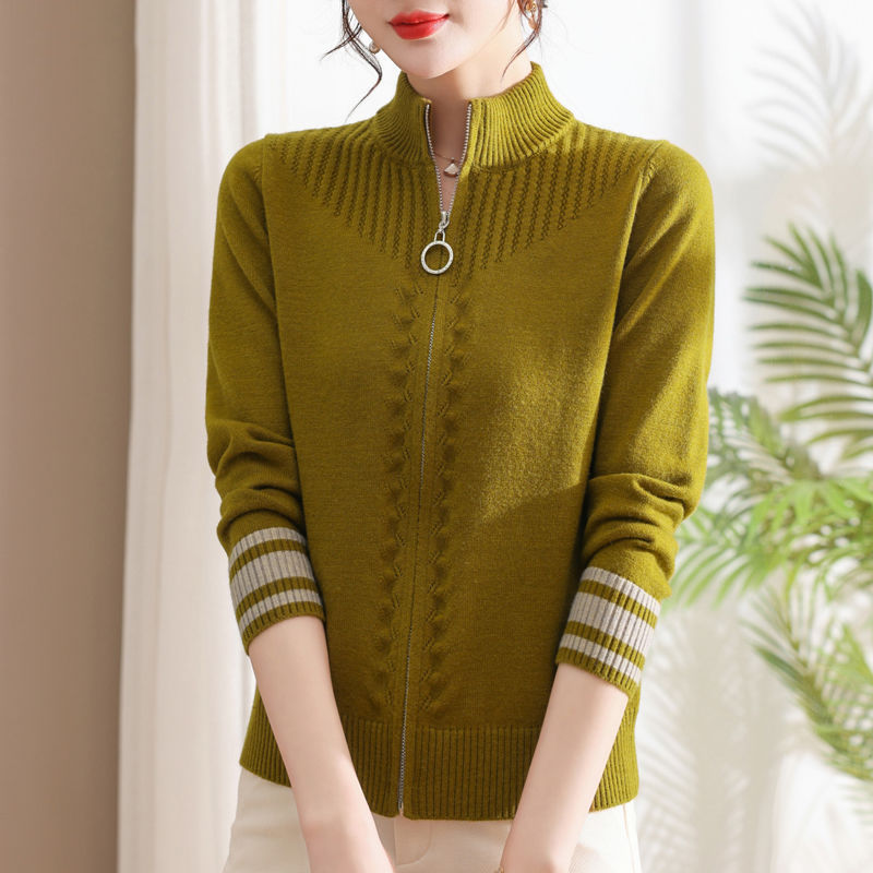 Women's Stand Collar Wool Cardigan Coat with Zipper