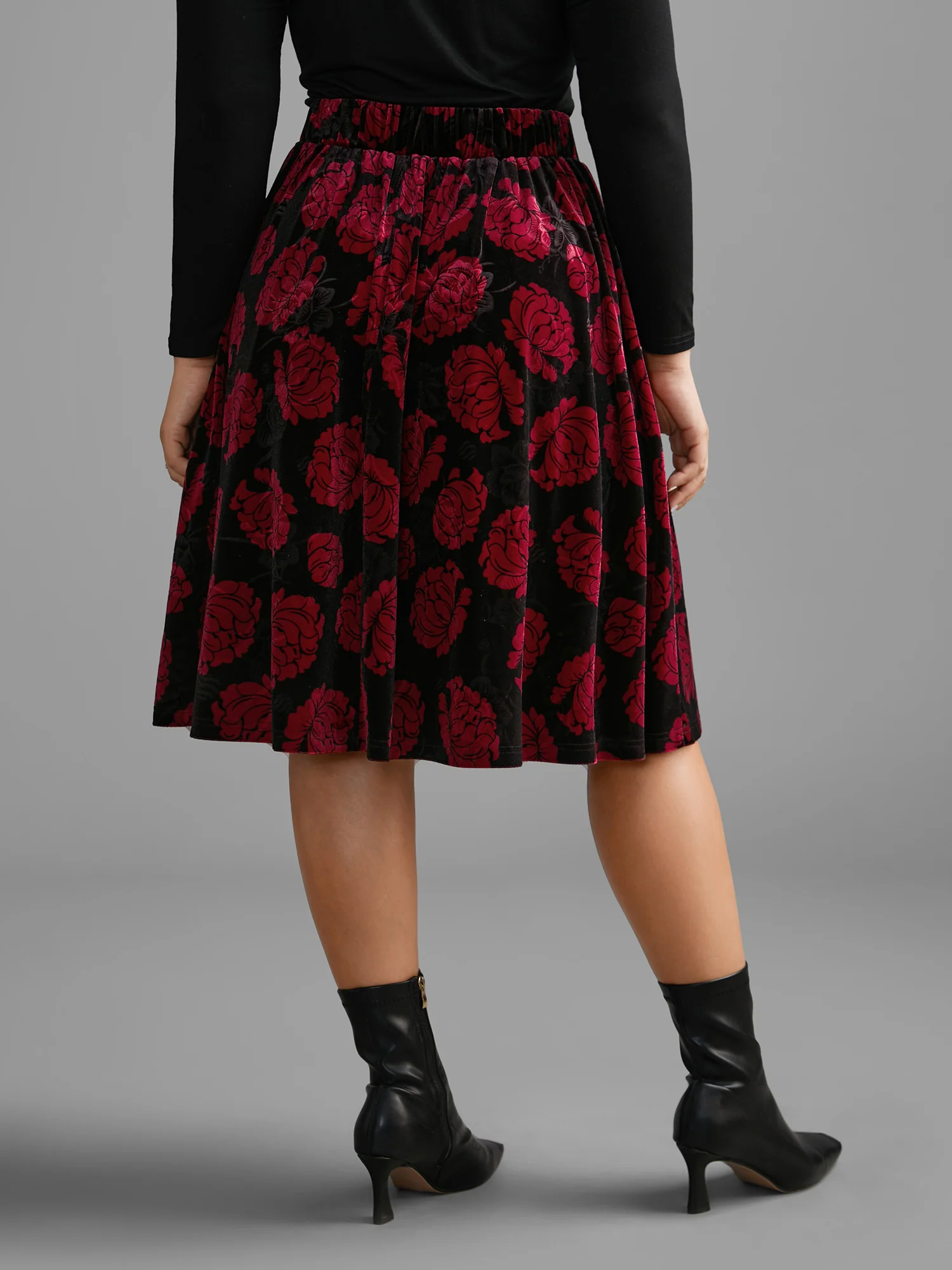 Velvet Floral Elastic Waist Skirt