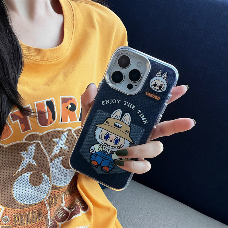 Labubu dark blue denim pocket phone case for iPhone