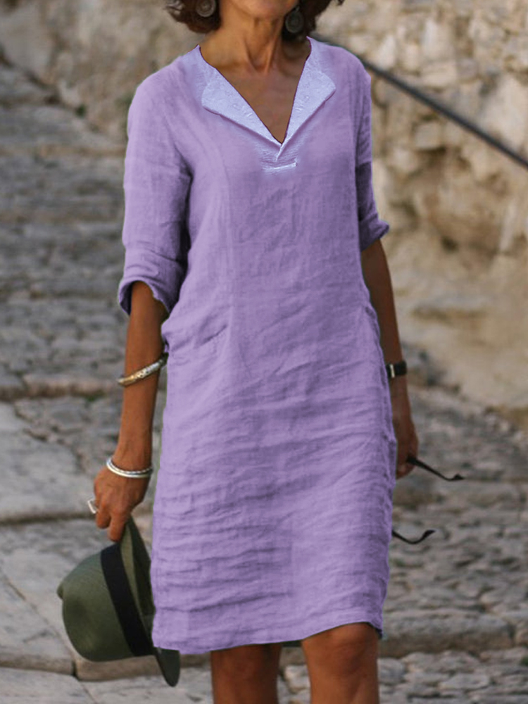 Lapel V Neck Linen Cotton Midi Dress