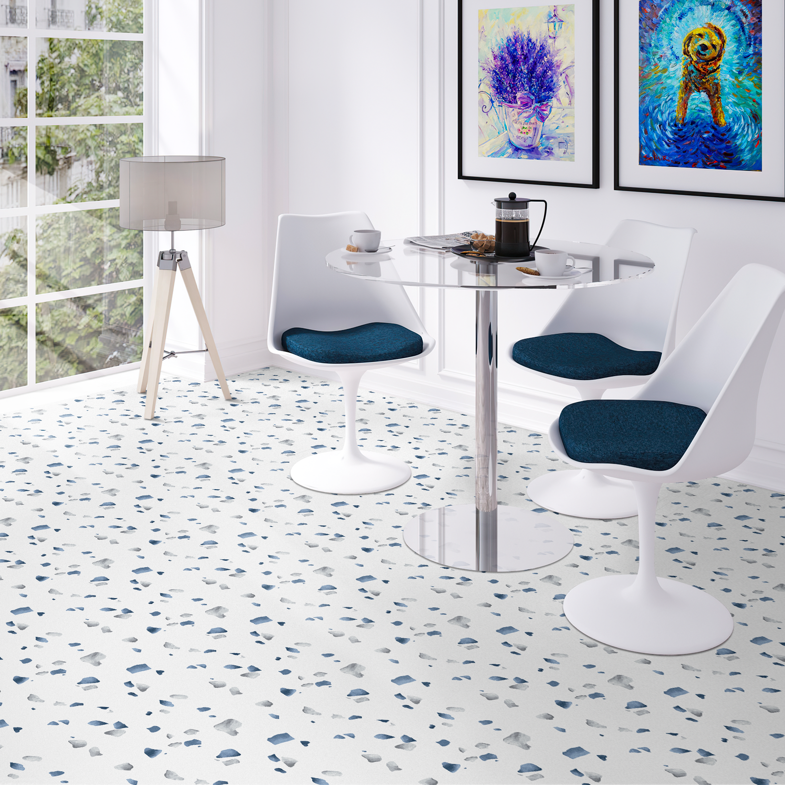 Blue and Grey Terrazzo Peel and Stick Vinyl Floor Tile Sticker