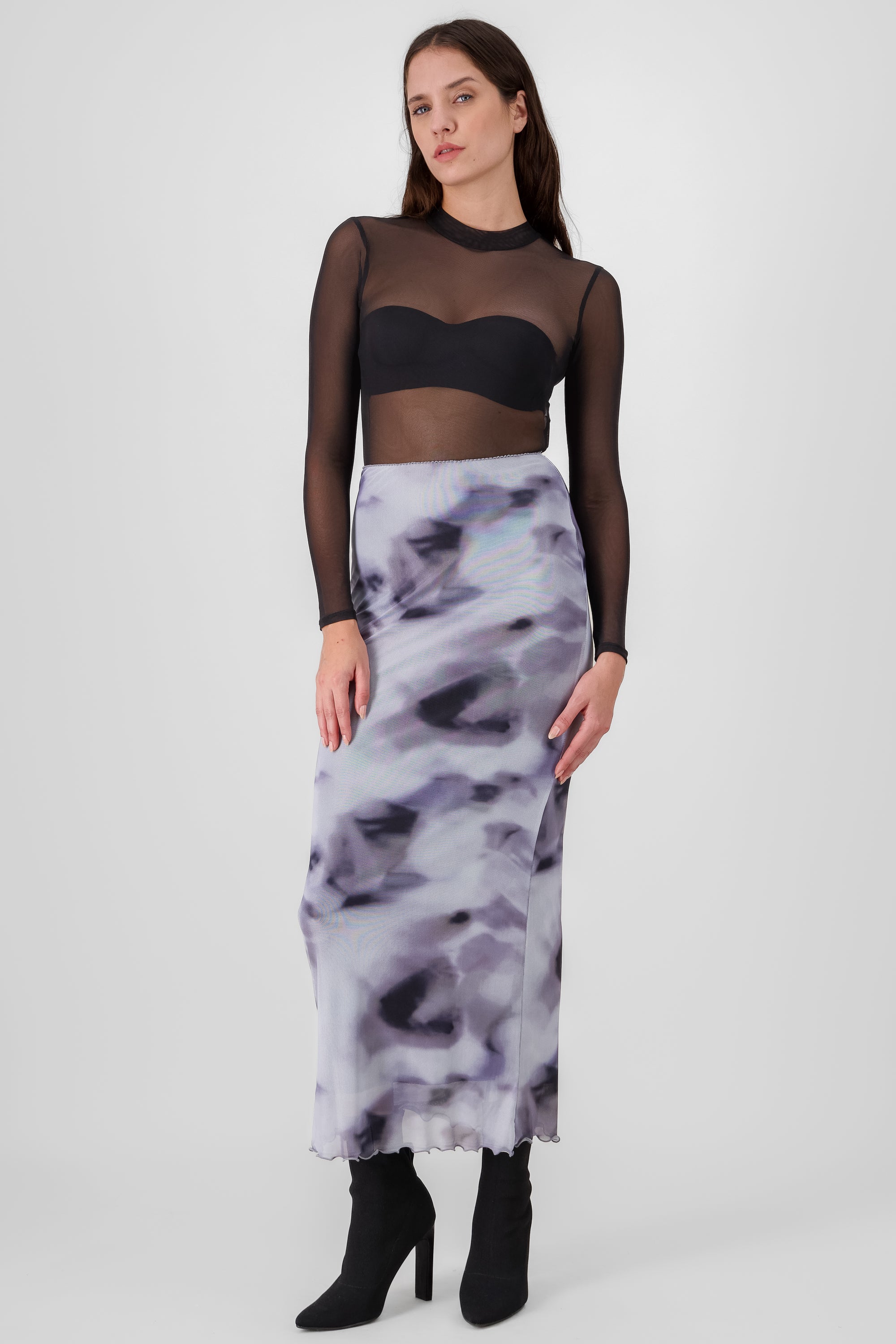 Printed Mesh Midi Skirt