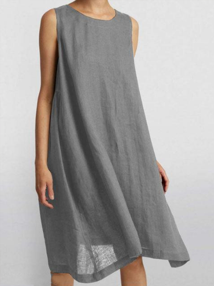 Solid Round Neck Sleeveless A Line Midi Dress