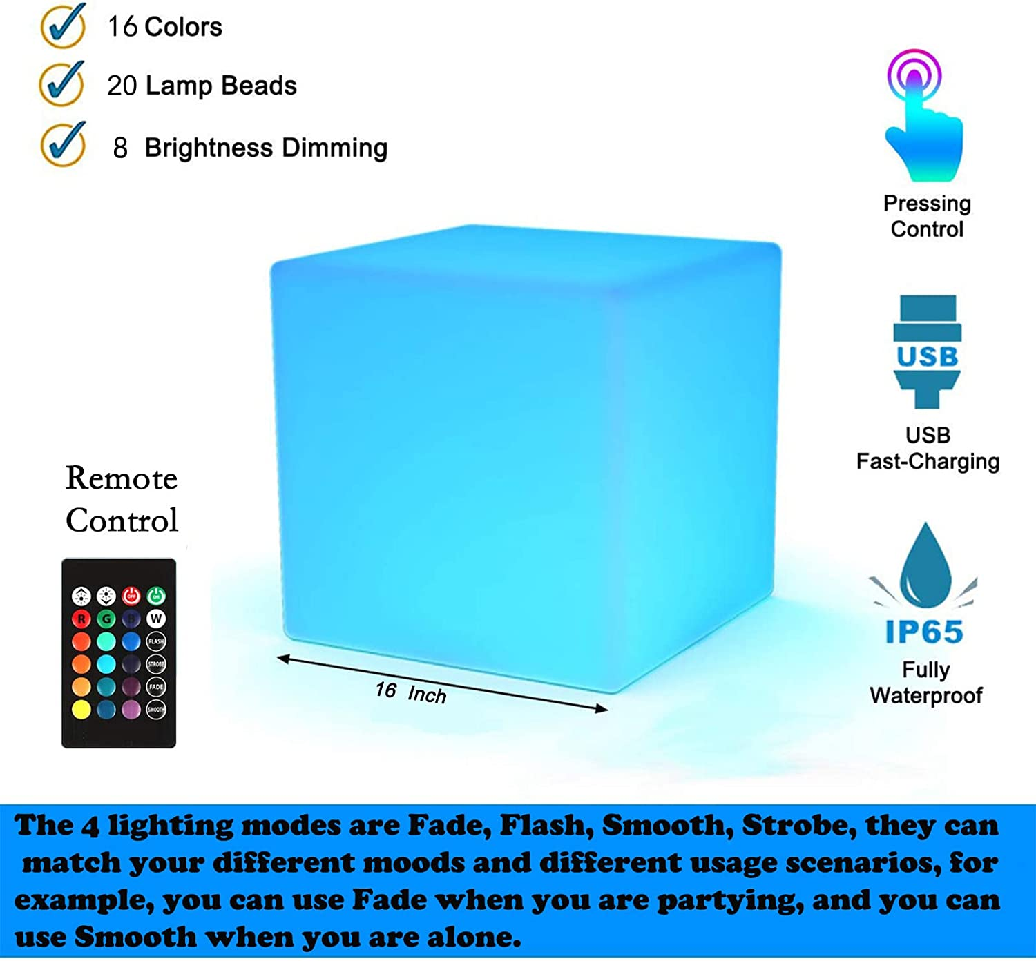 16-Inch LED Cube Chair Lights, Rechargeable LED Cube Seat with Remote, Waterproo