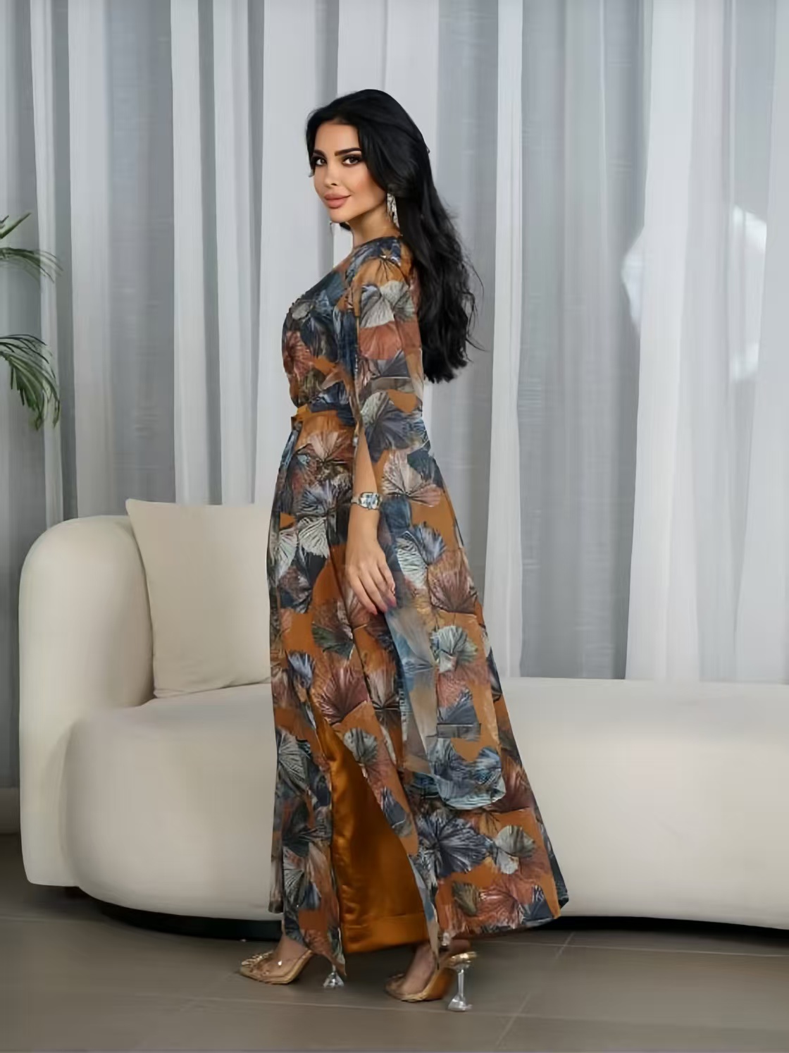 Gorgeous Print Chiffon Beaded Jalabiya Two-Piece Set with Belt