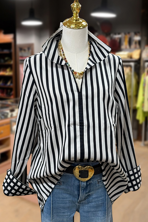Striped Print Contrast Roll Sleeve Blouse