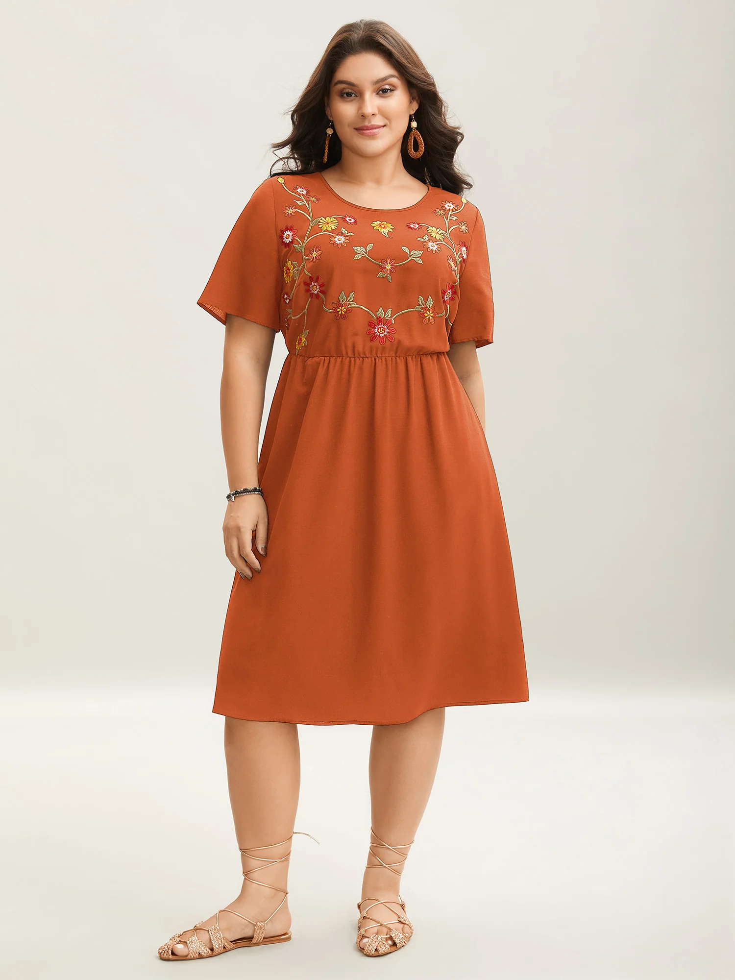 Floral Embroidered Waist-Cinched Midi Dress