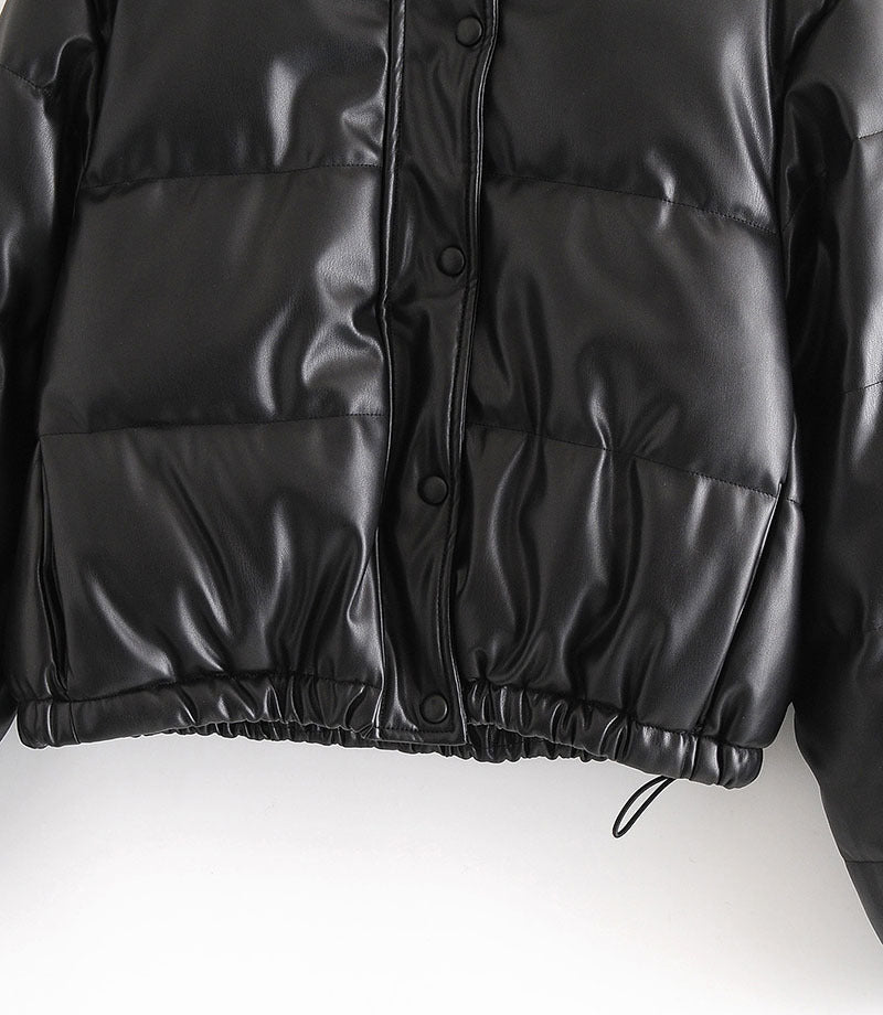 Autumn Winter Leather Coat Women Stand Collar Short Warm Bread Cotton Padded Jacket