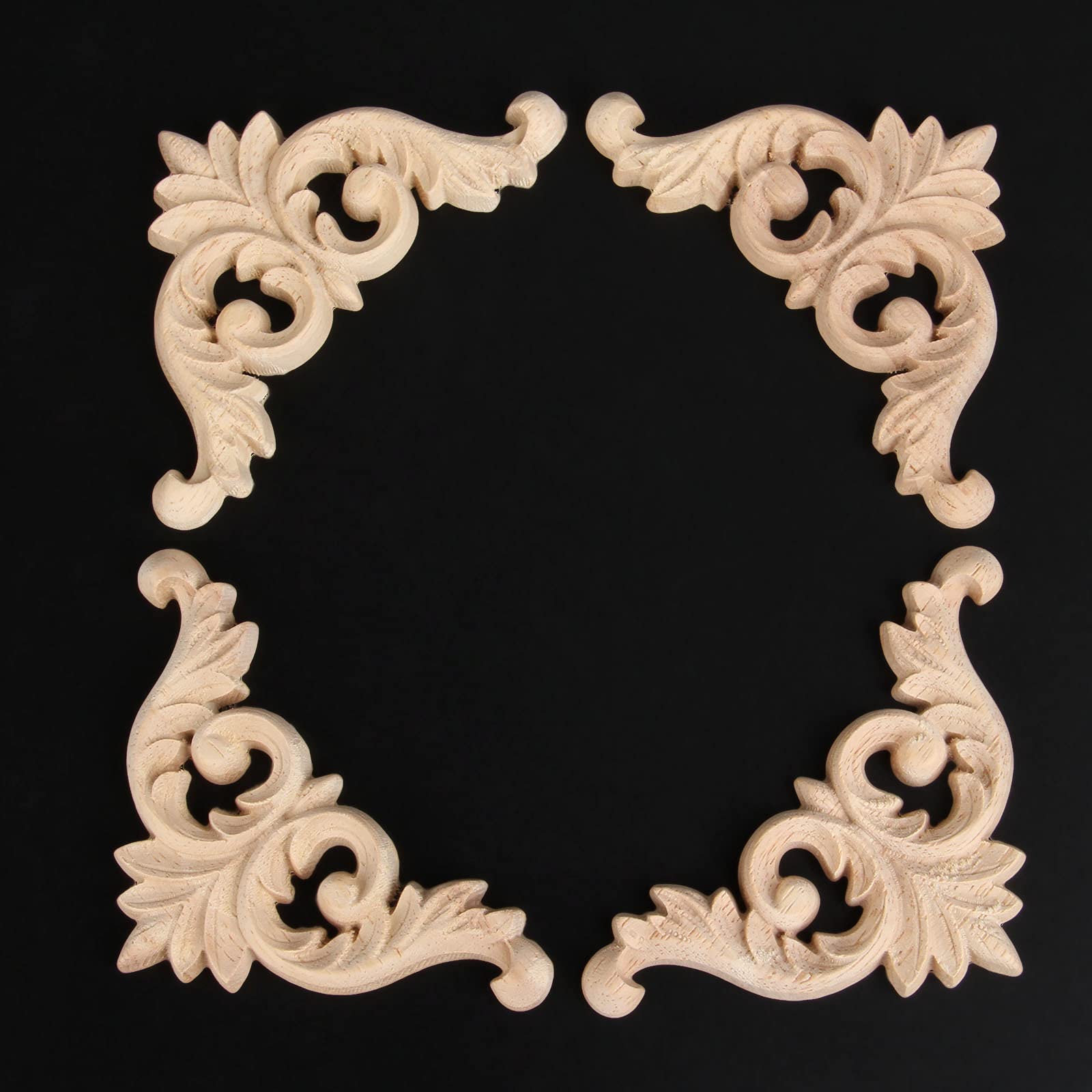 4 Pcs/Set Wood Carved Onlay Appliques, Unpainted Wooden Corner Carving Decals