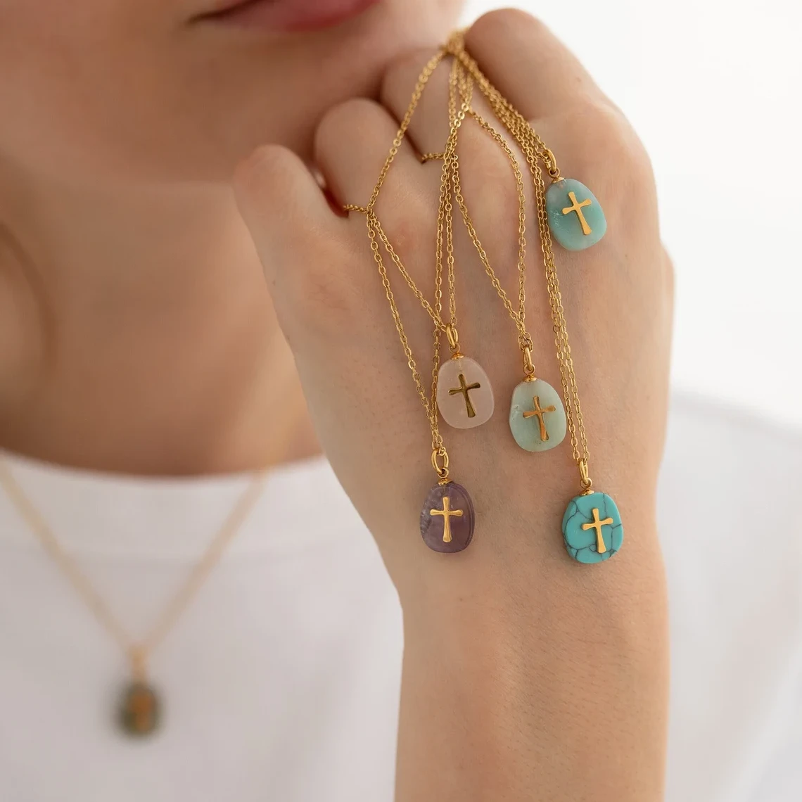 Natural Stone Cross Necklace