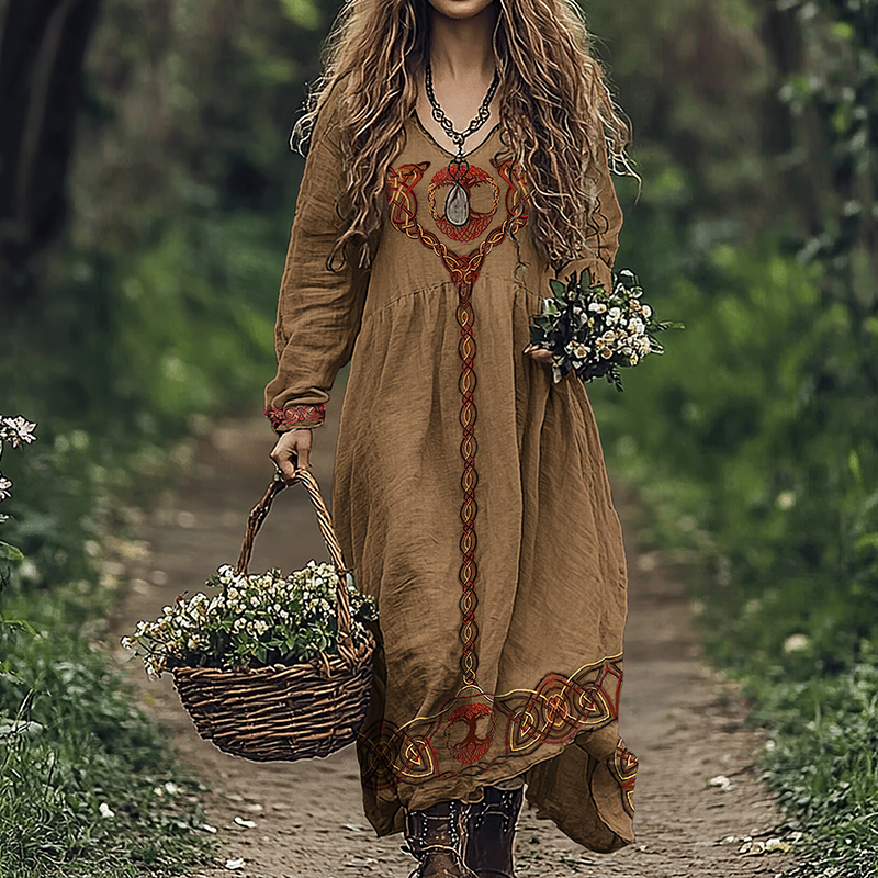 Vintage Celtic Viking Tree Of Life Linen Dress