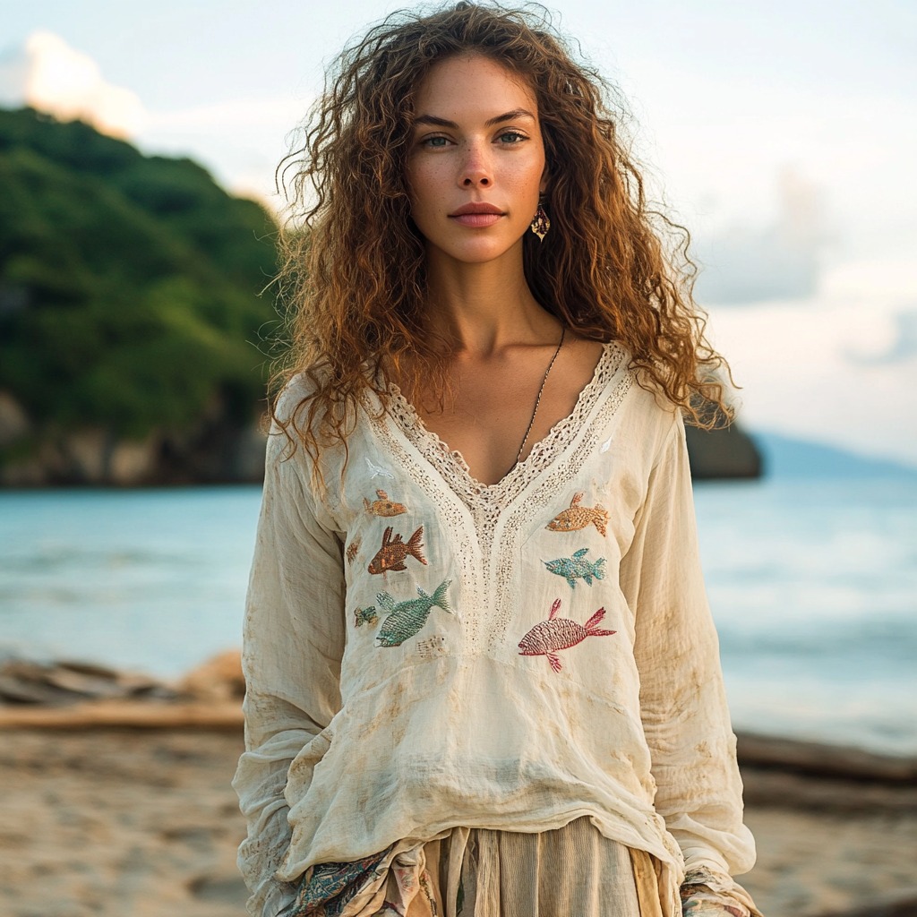 Shoal Of Fish Embroidery Print Linen Blend Loose Blouse