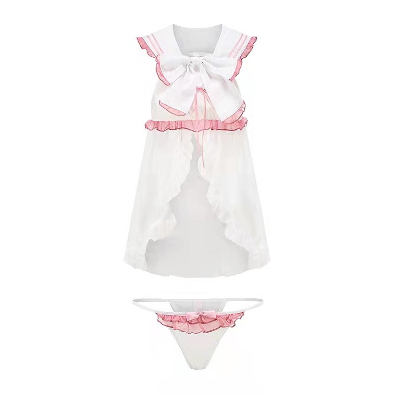 Sailor Collar Bow Decor See Through Lingerie Set