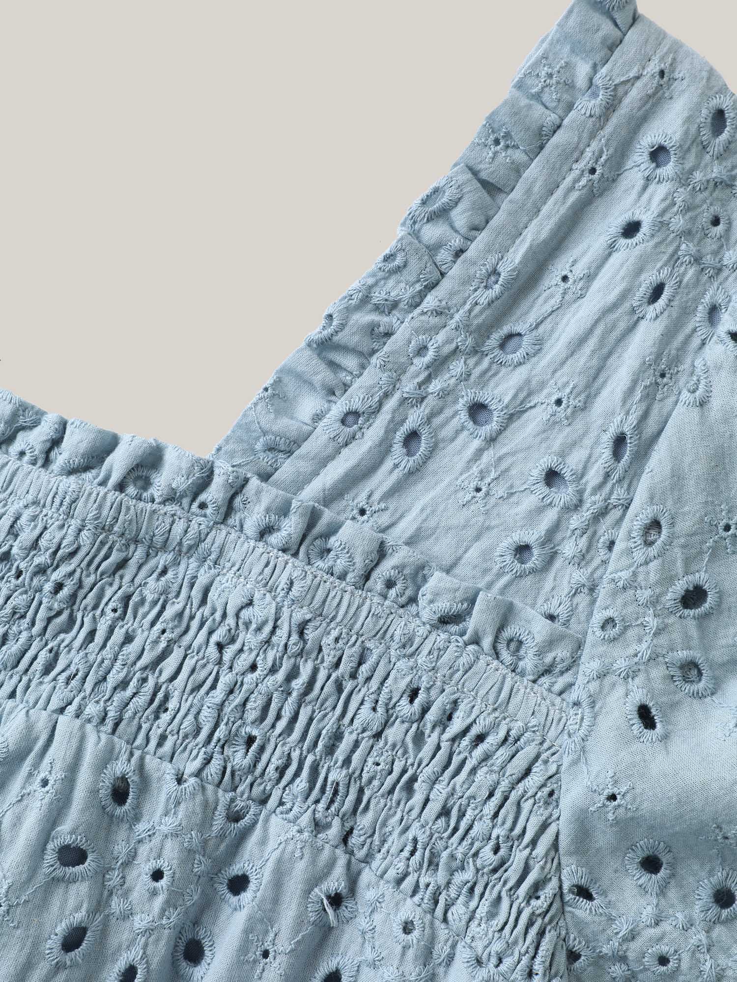 Eyelet Trim Shirred Neck Puffy Sleeve Blouse