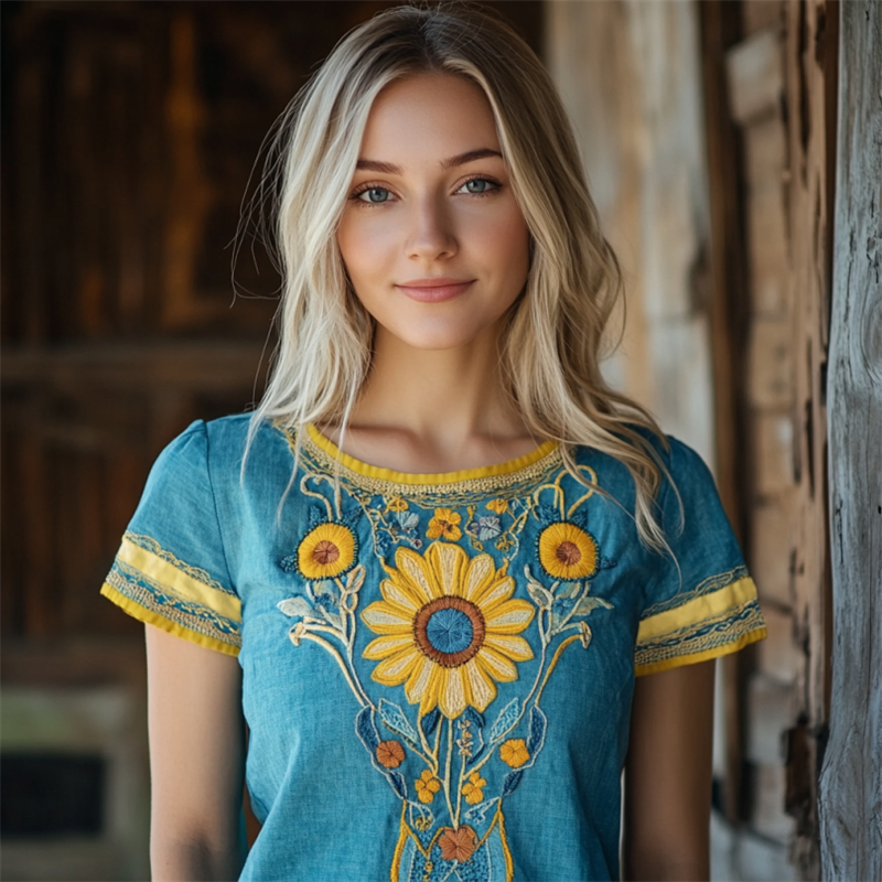 Ukrainian Ethnic Sunflower Floral Embroidery Lace Hem T Shirt