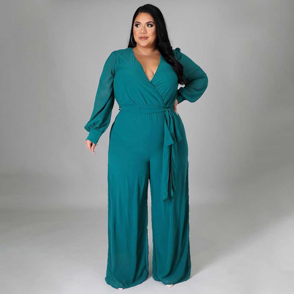Plus Size Women Loose Straight Solid Color Belt Jumpsuit