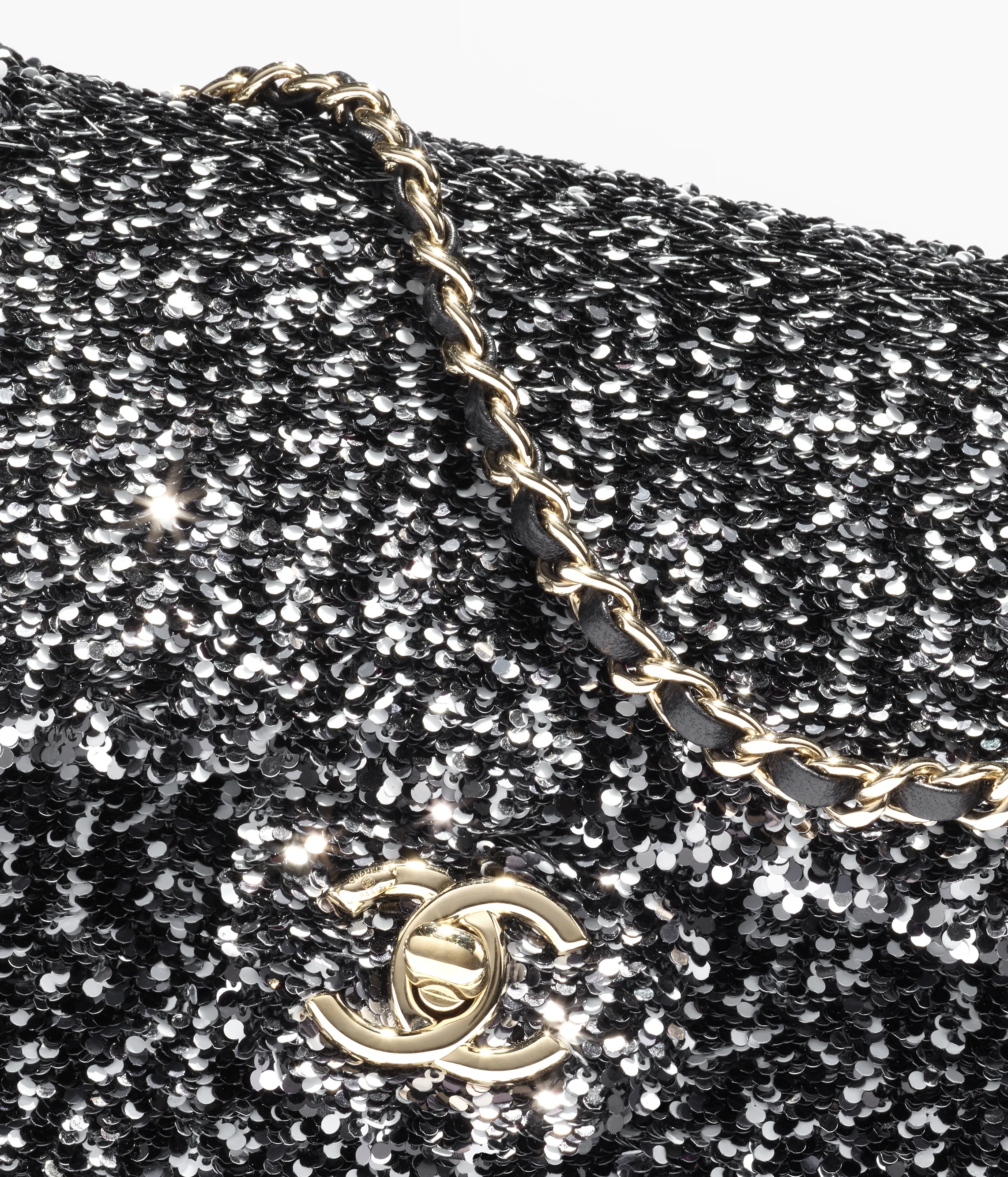 Chanel Flap Bag Sequins & Gold-Tone Metal Black, White & Gray AS4561-B19438-NAFUR