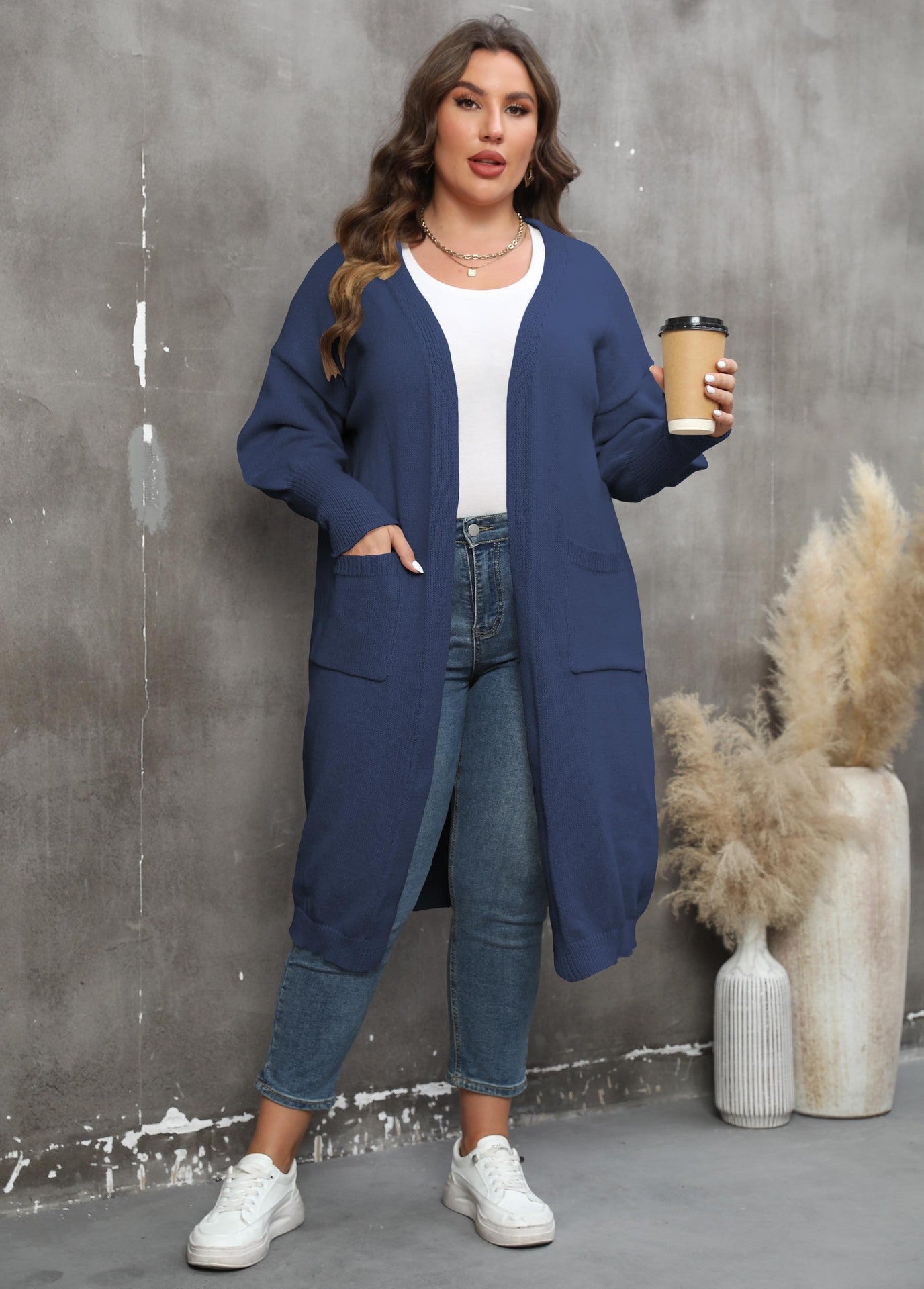 Women Coat plus Size Women Clothes Loose Mid Length Woven Sweater Double Pocket Lantern Sleeve Sweater Cardigan