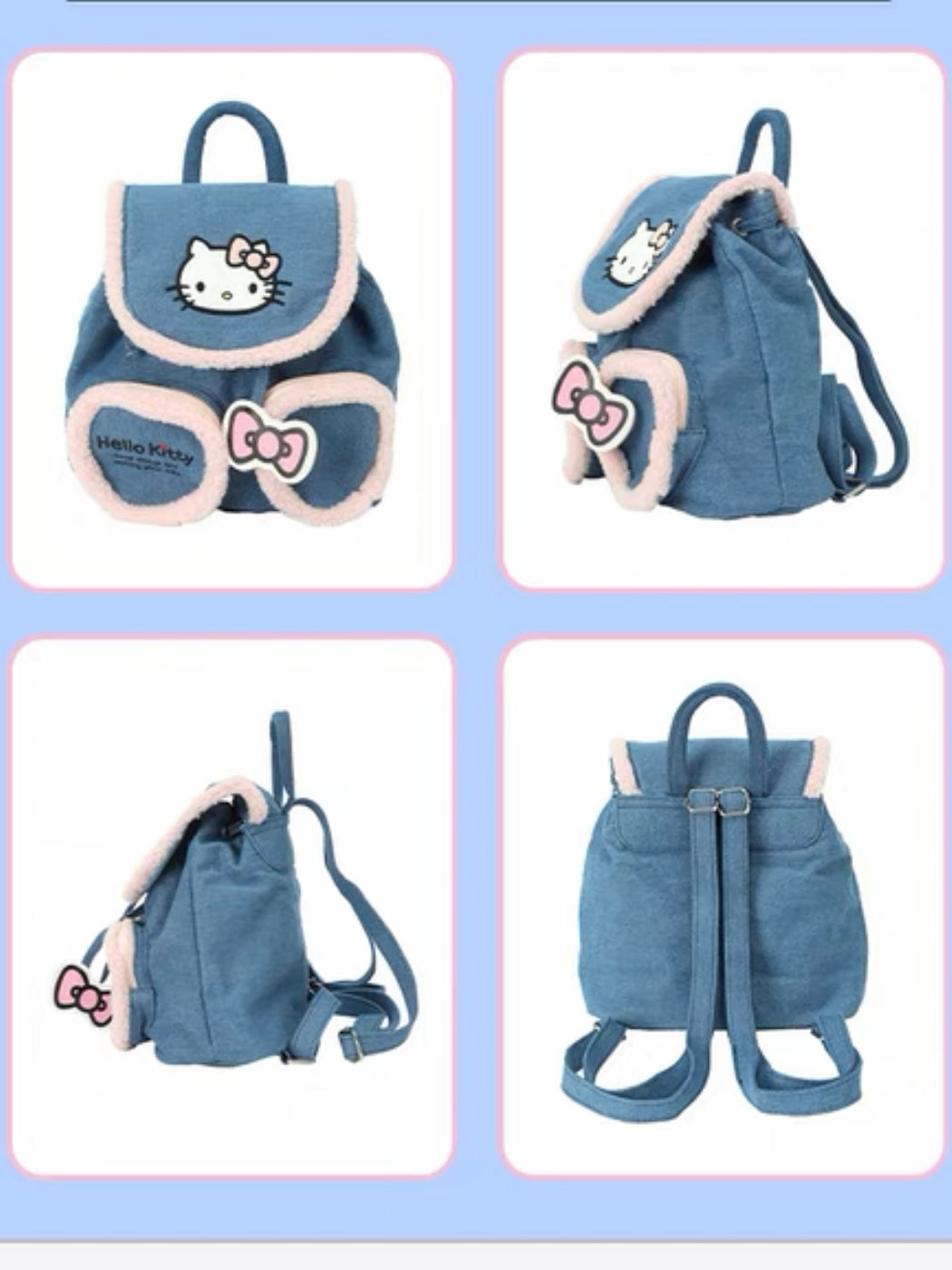 Sanrio Hellokitty Denim Backpack Double Strap Shoulder Bag Purse