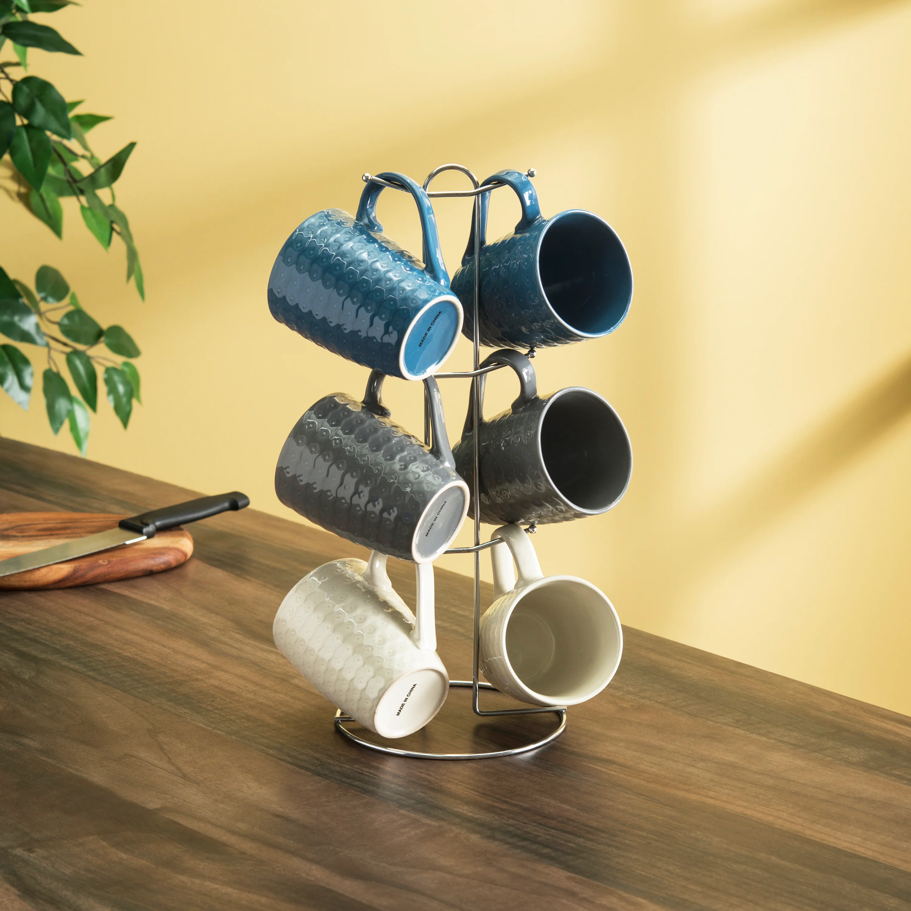 Home Basics 7-Piece Diamond Mug Stand Set 6-Mugs, Navy-Gray-White