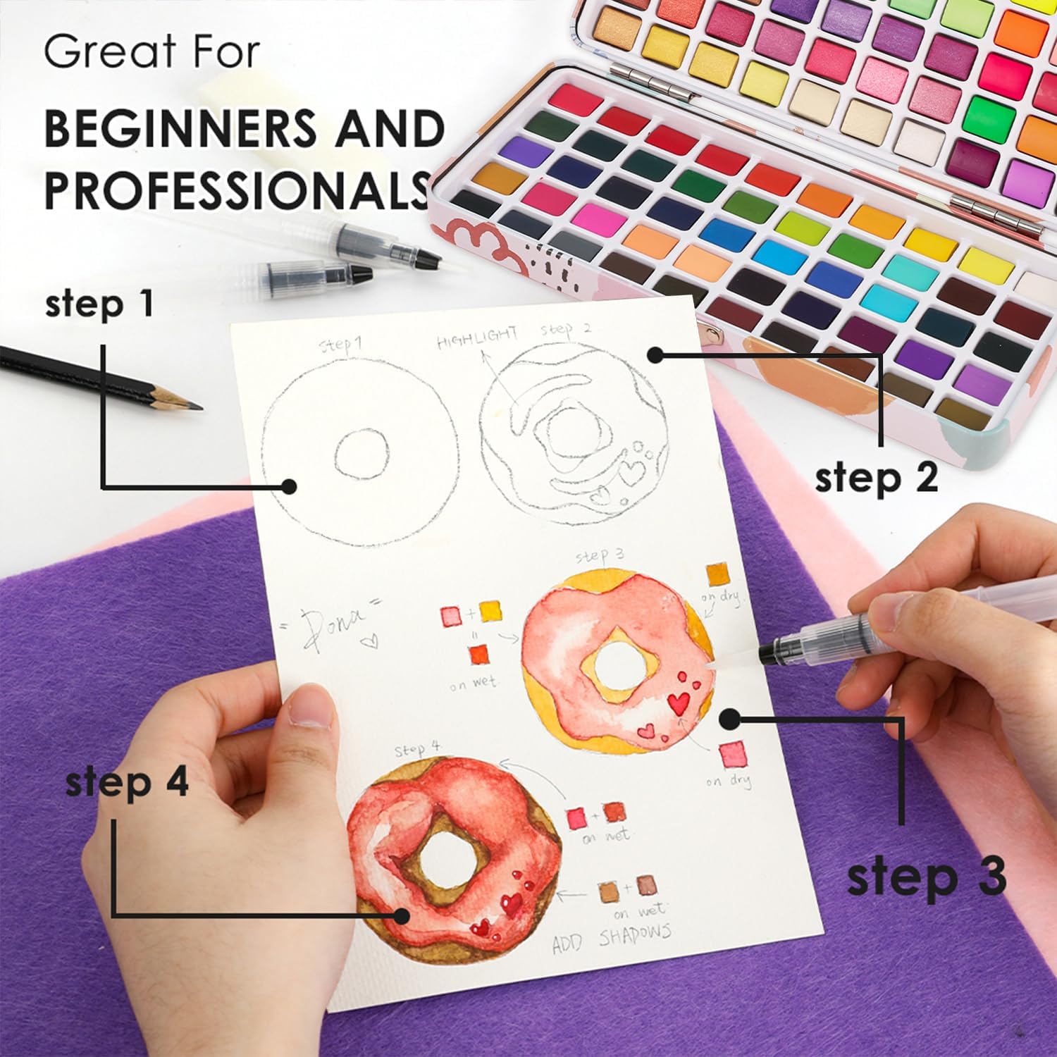 Perfect Starter Kit for Painting - Premium Watercolor Paint Set - with Water Brush Pens and Brush