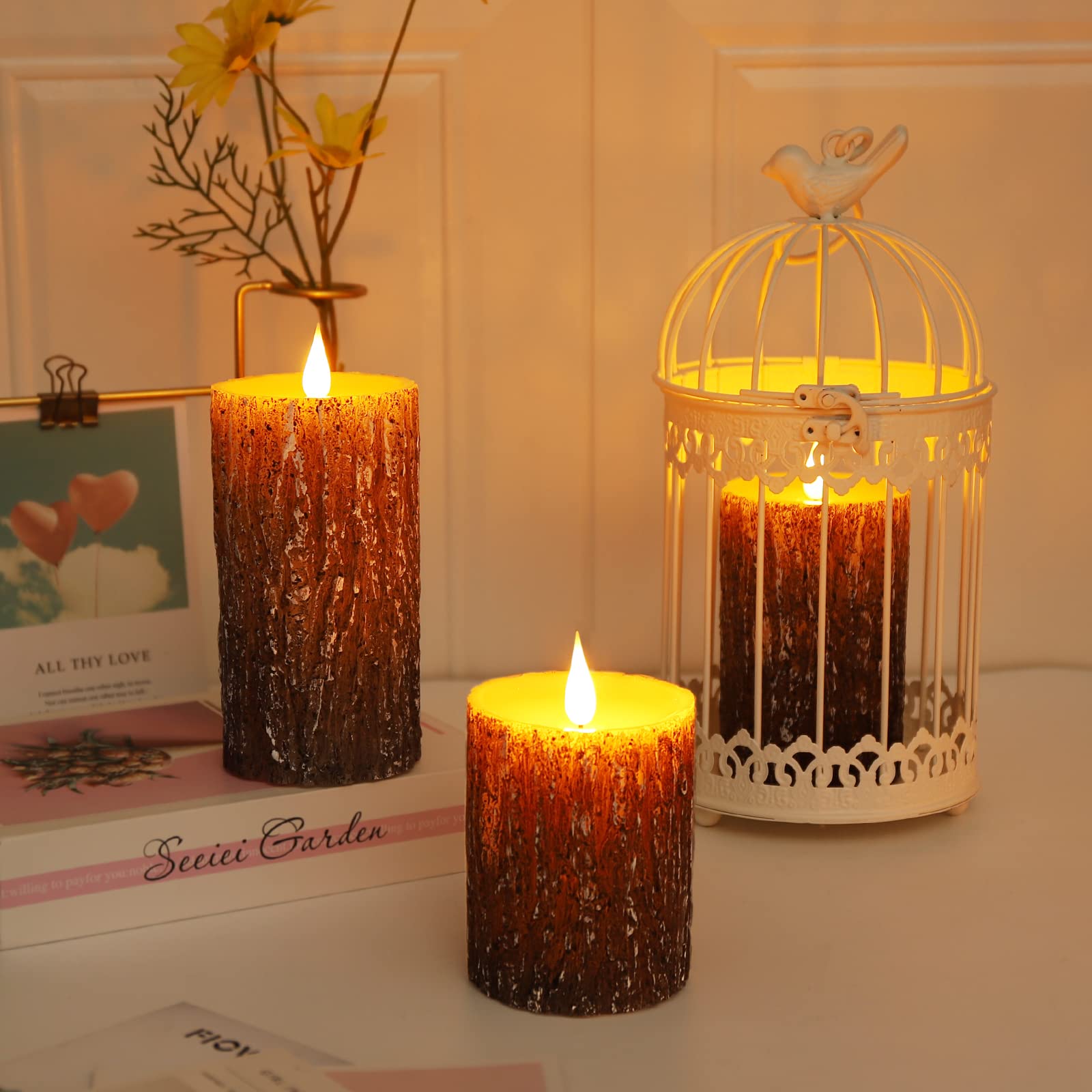 🎄Christmas Sale 49% OFF🎄Realistic LED Pine Bark Flameless Candles with Remote Timer Set of 3