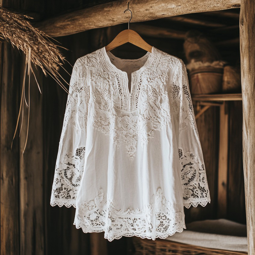 Elegant Lace Embroidery Tassel Art Long Sleeve V-neck Shirt