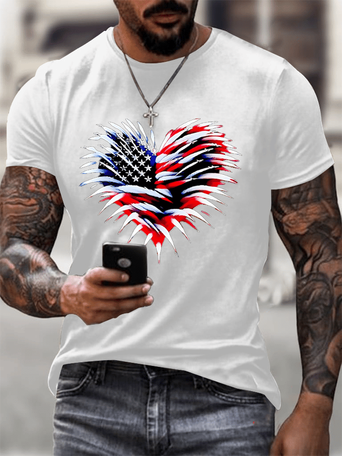 Men's Retro Independence Day Flag Heart Fireworks Print T-Shirt