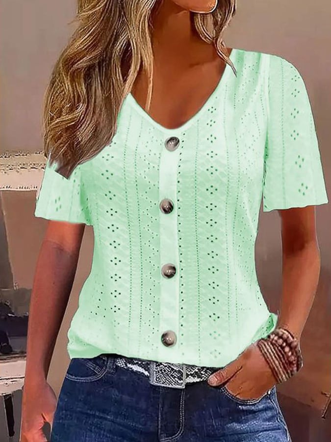 Women's Textured Fabric V-Neck Button Design Casual Shirt