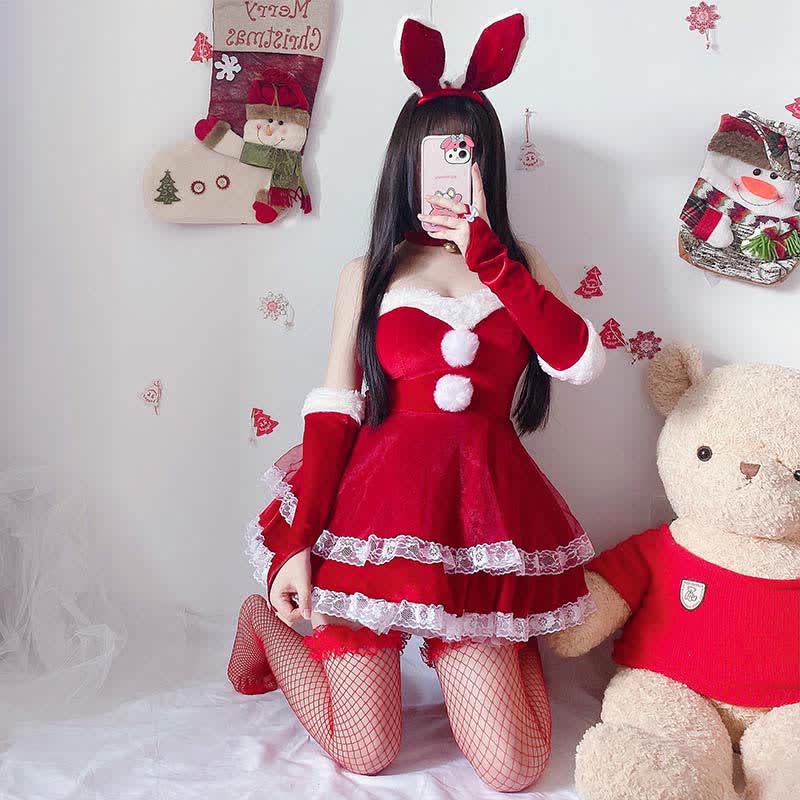 Christmas Cosplay Double Lace Fuzzy Ball Off The Shoulder Dress