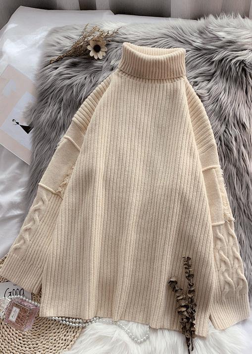 Women beige Sweater Wardrobes Refashion wild tunic high neck sweater